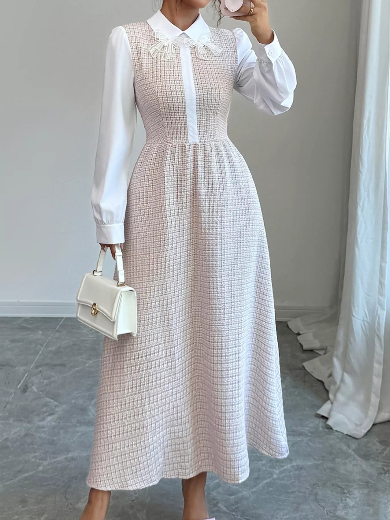 Tweed Long Sleeve A-Line Midi Dress