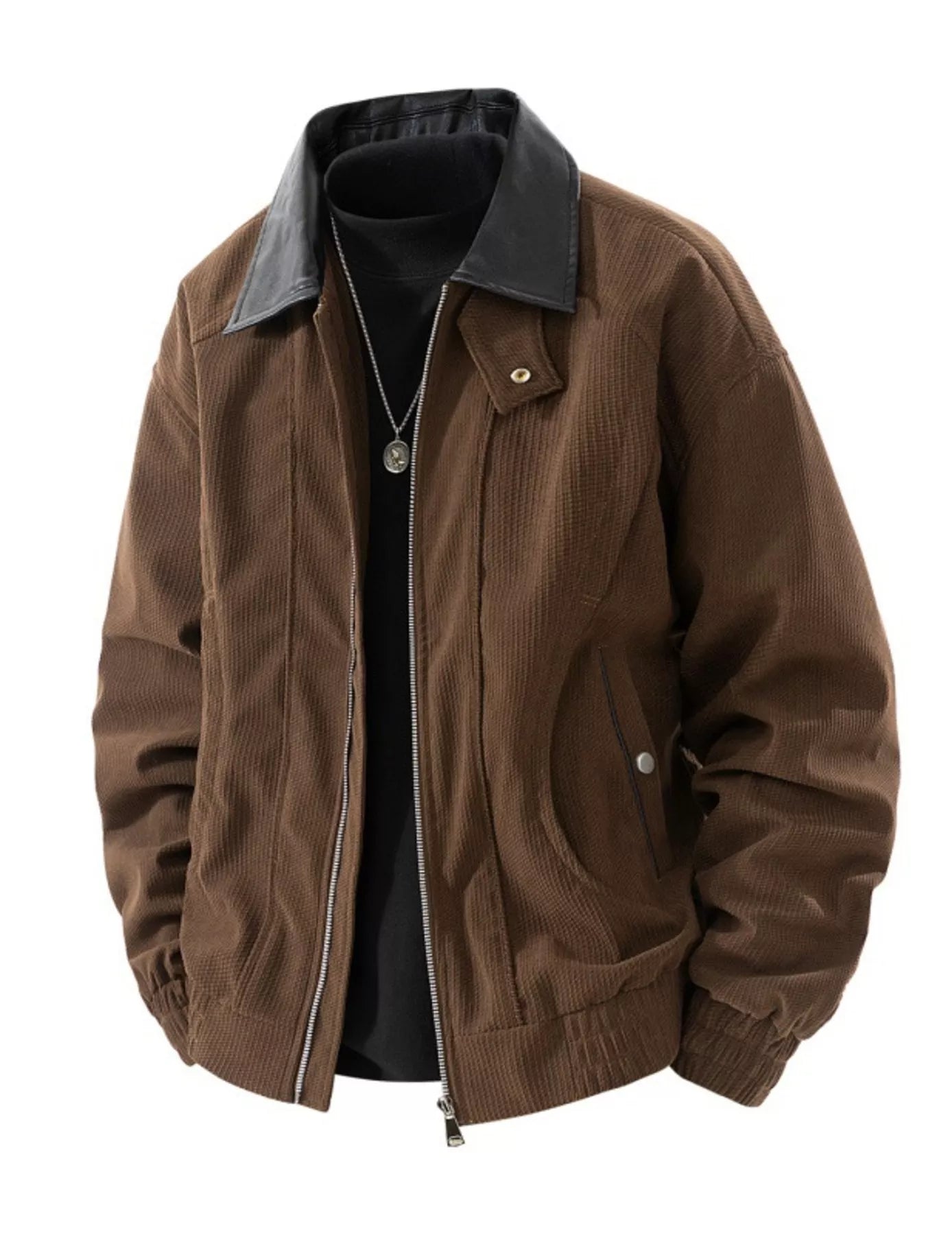 Men's Plus Size Zip Up Corduroy Jacket with Leather Collar