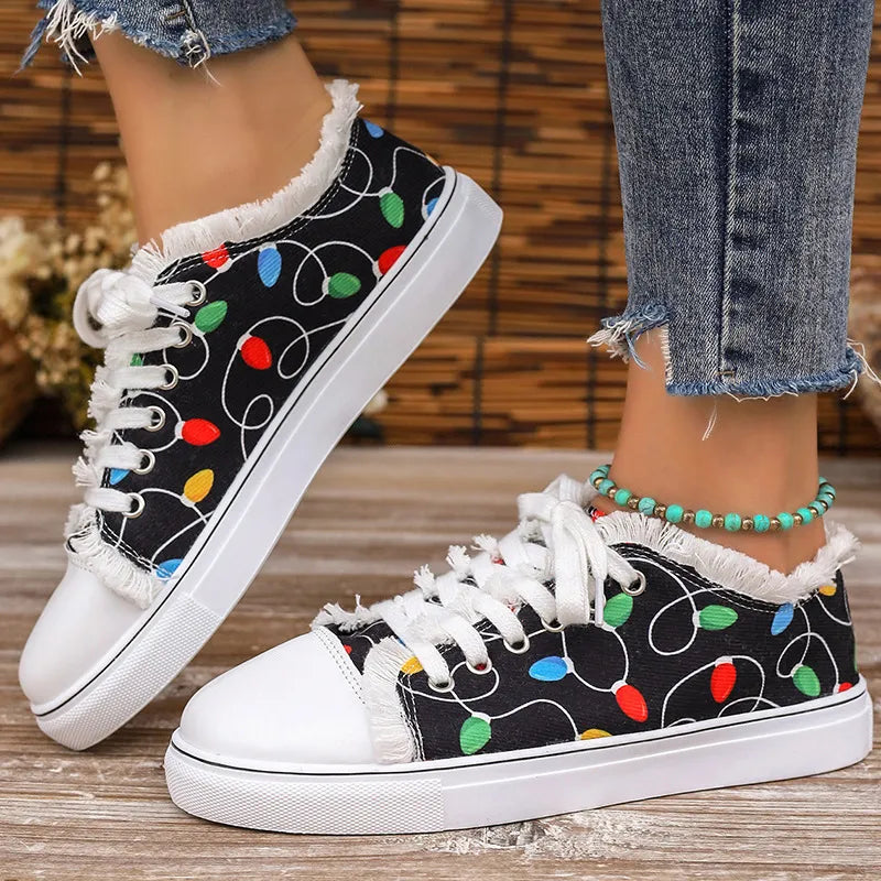 Raw Hem Printed Round Toe Sneakers