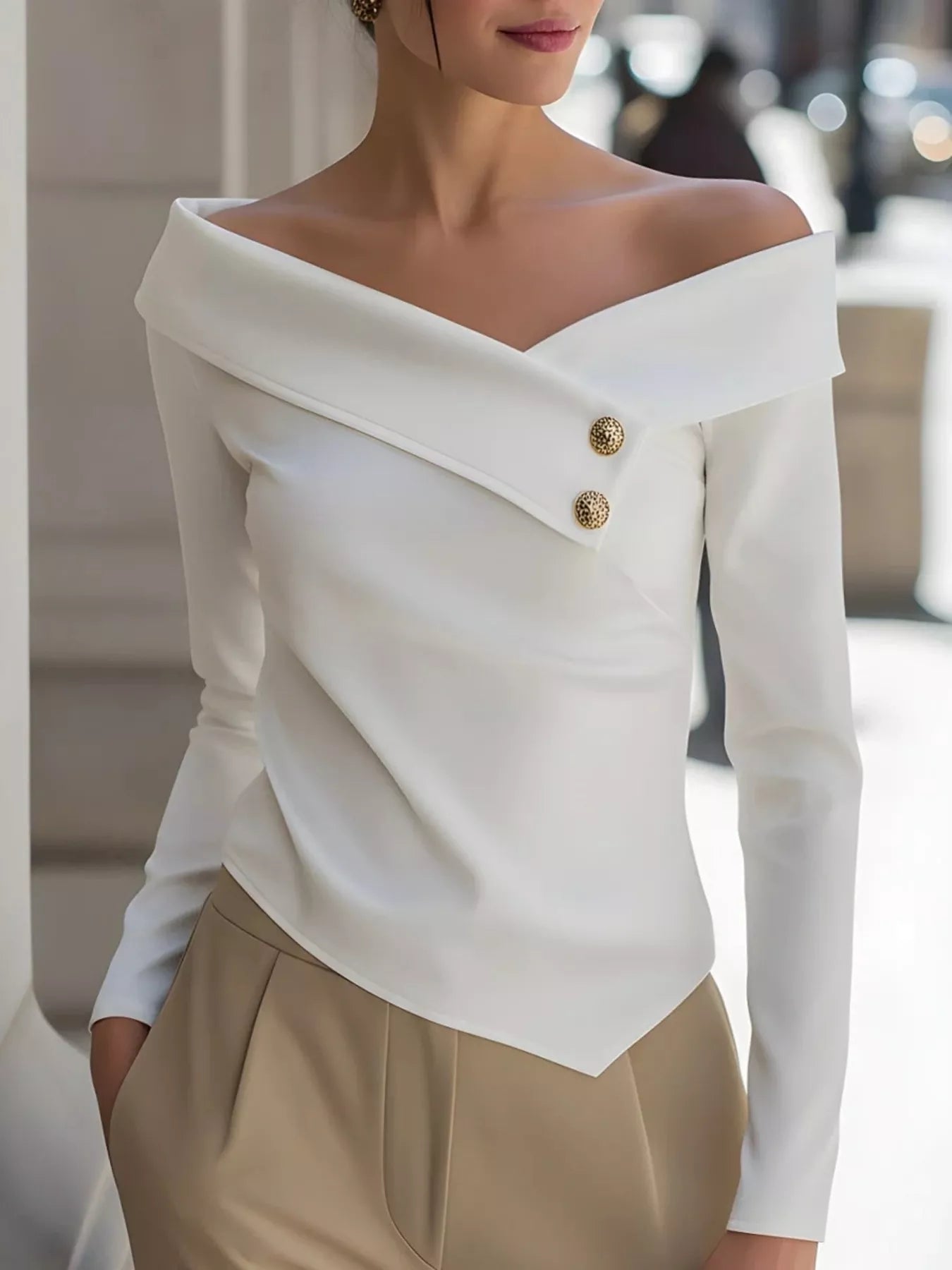 Off-Shoulder Button Decor Blouse