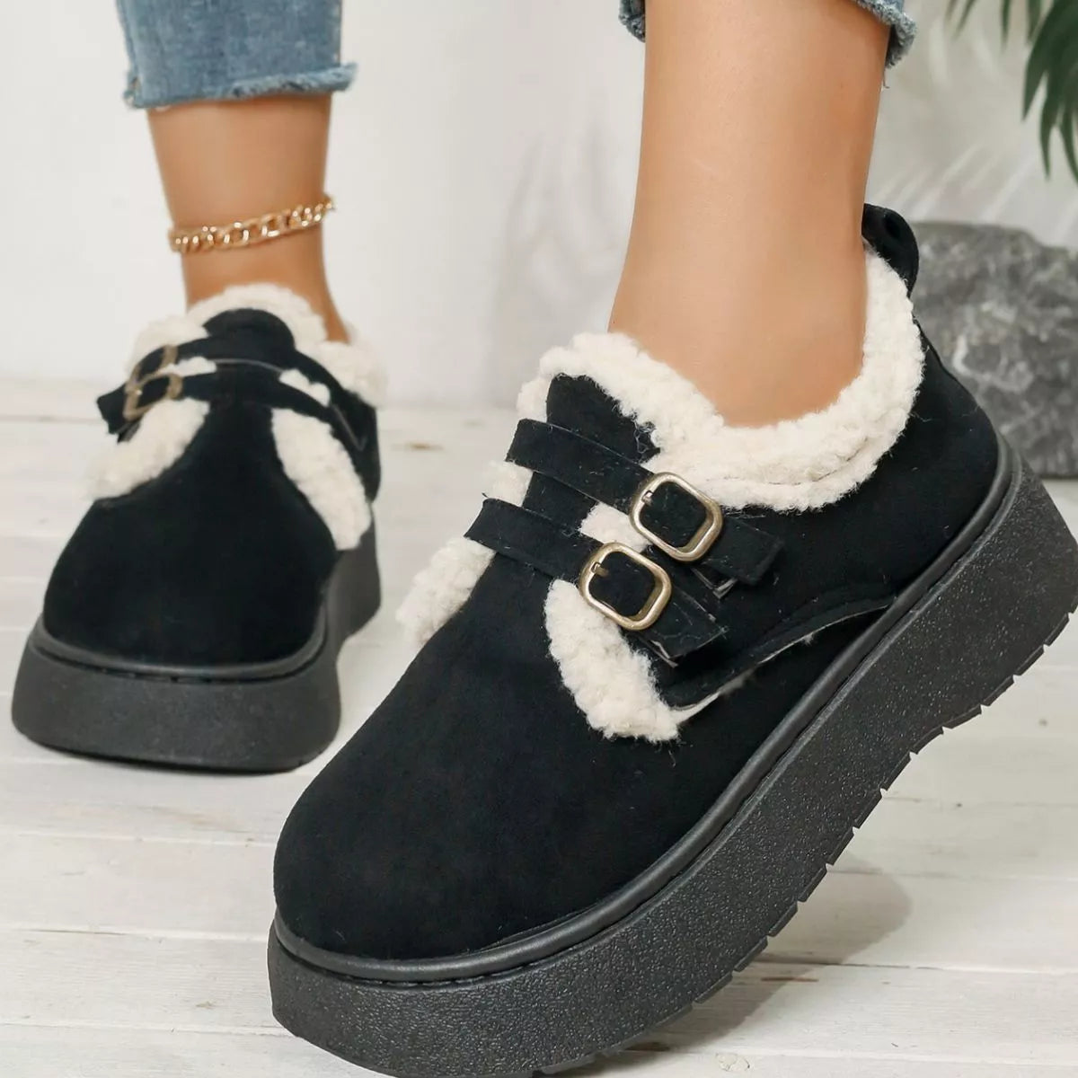 Buckle Strap Faux Fur Trim Platform Boots