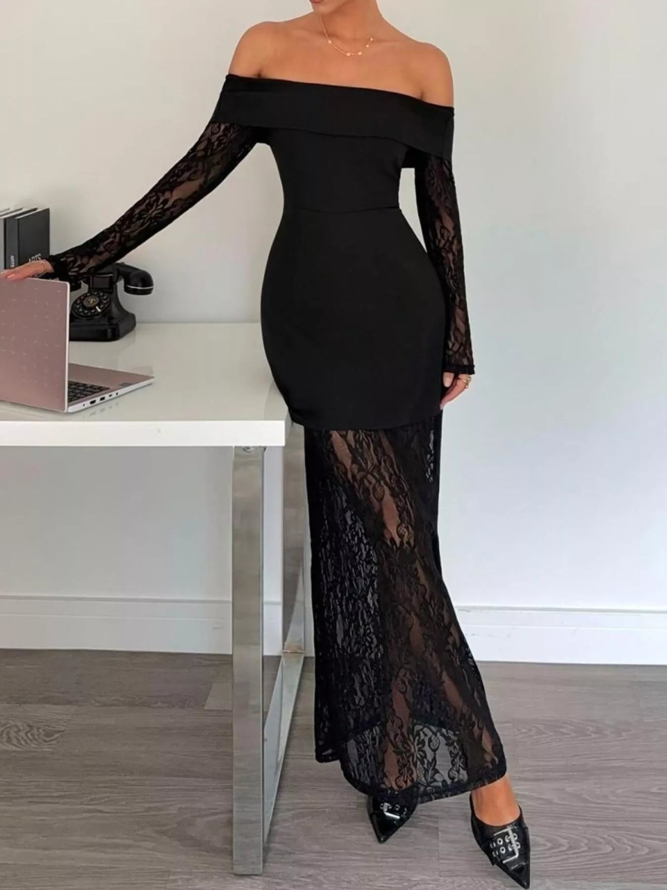 Off-Shoulder Lace Long Sleeve Maxi Dress