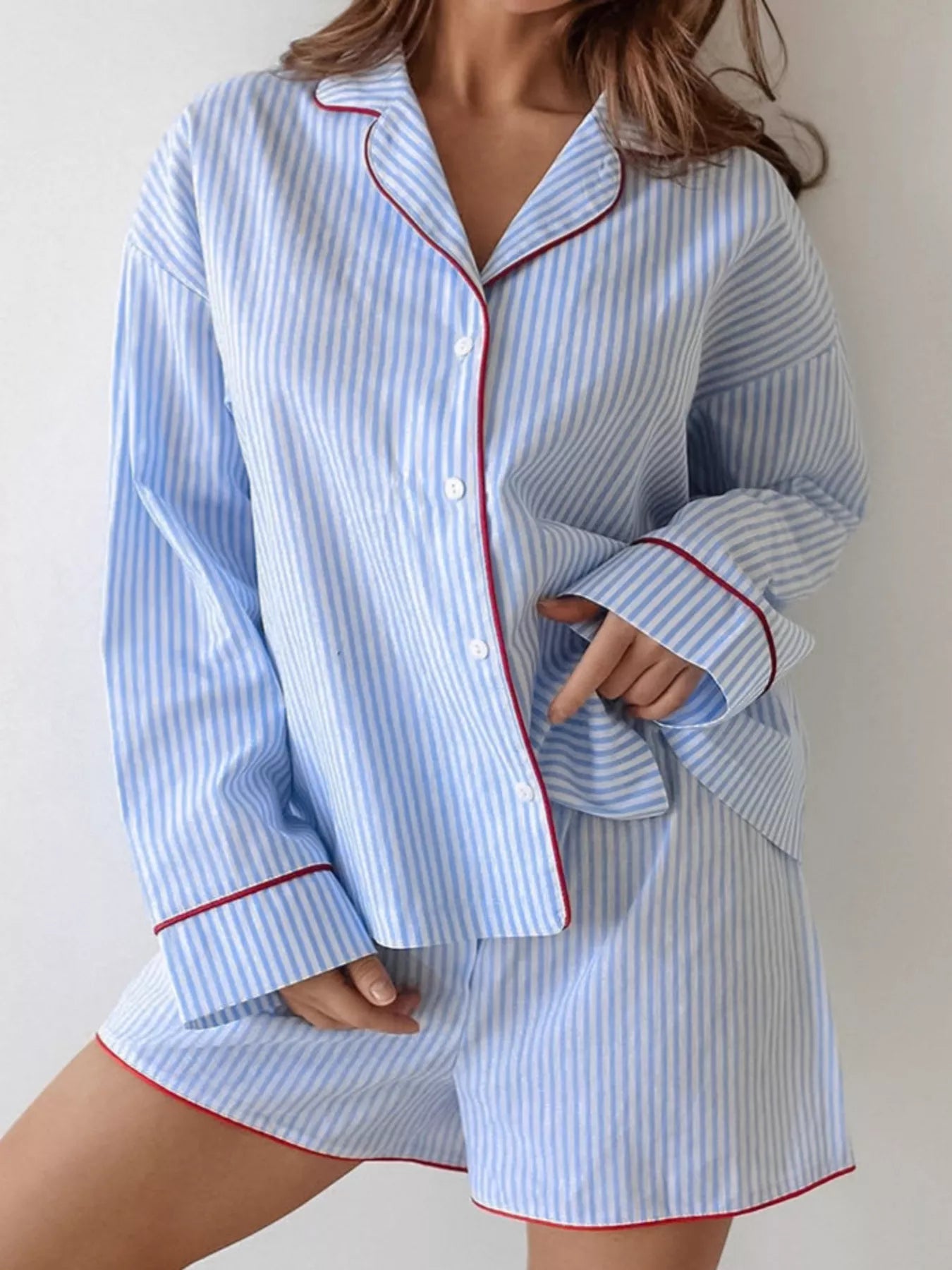 Striped Button Up Shirt and Shorts Lounge Set