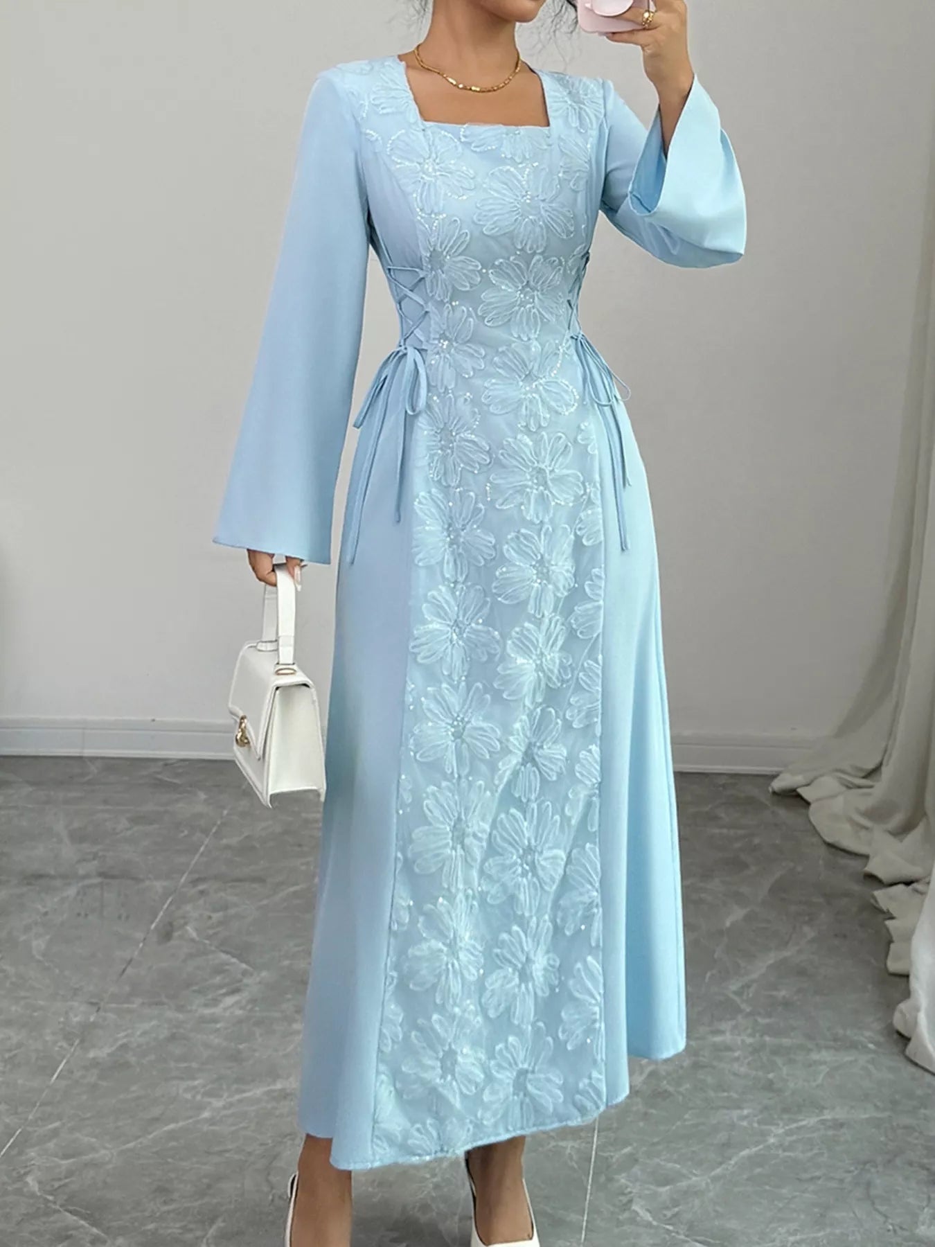 Lace Up Square Neck Long Sleeve Maxi Dress