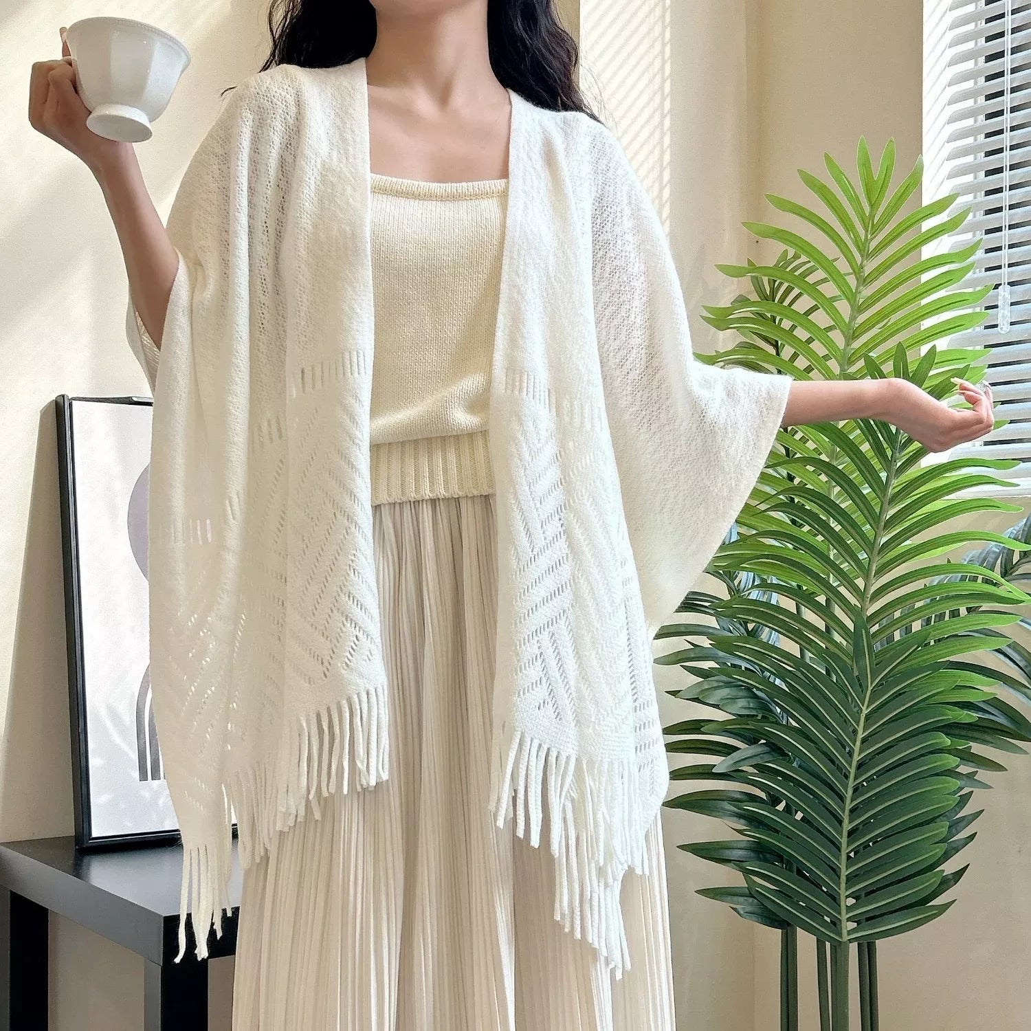 Knitted Fringe Openwork Scarf Shawl
