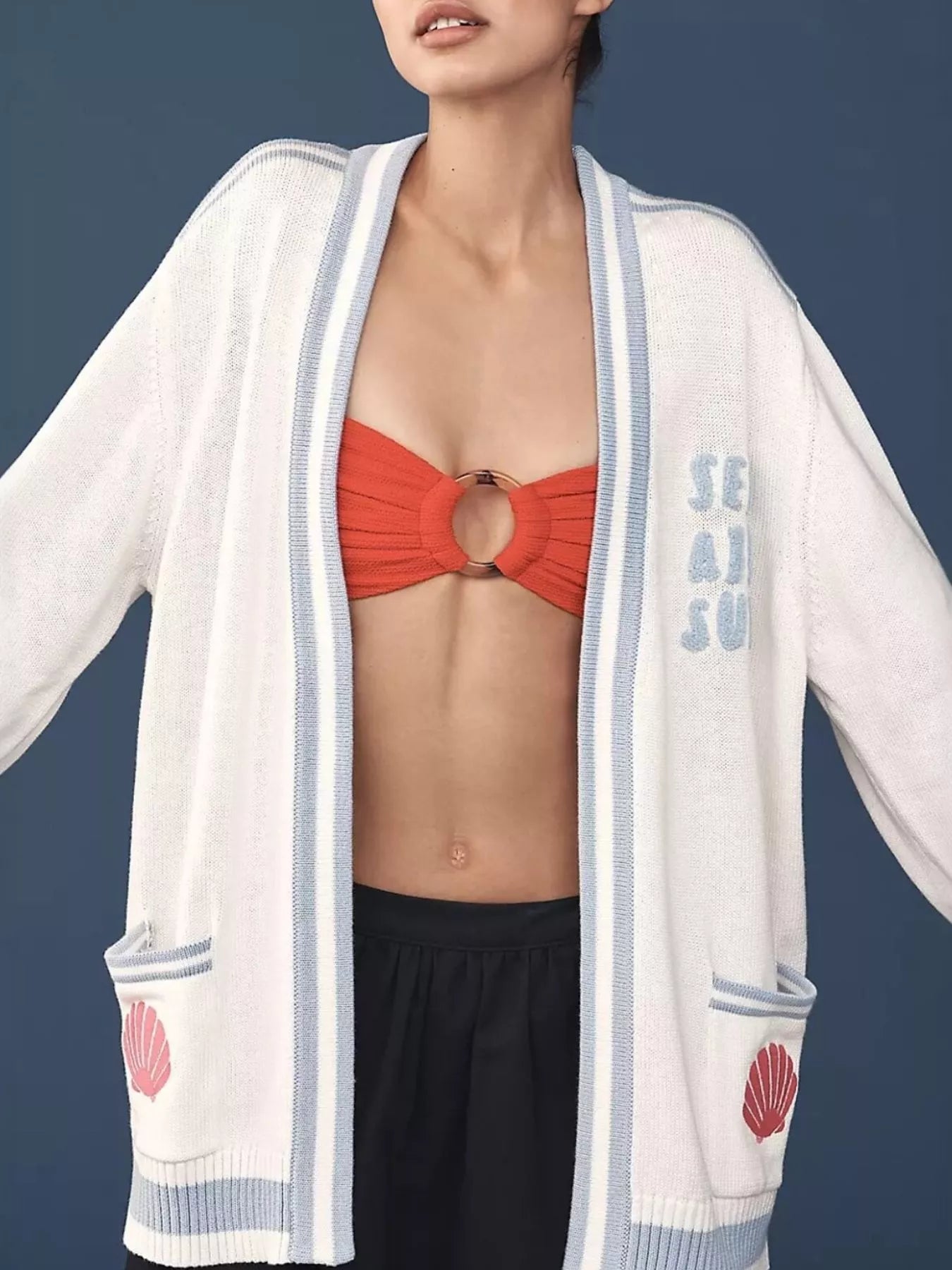 Seashell Embroidered Open Front Cardigan