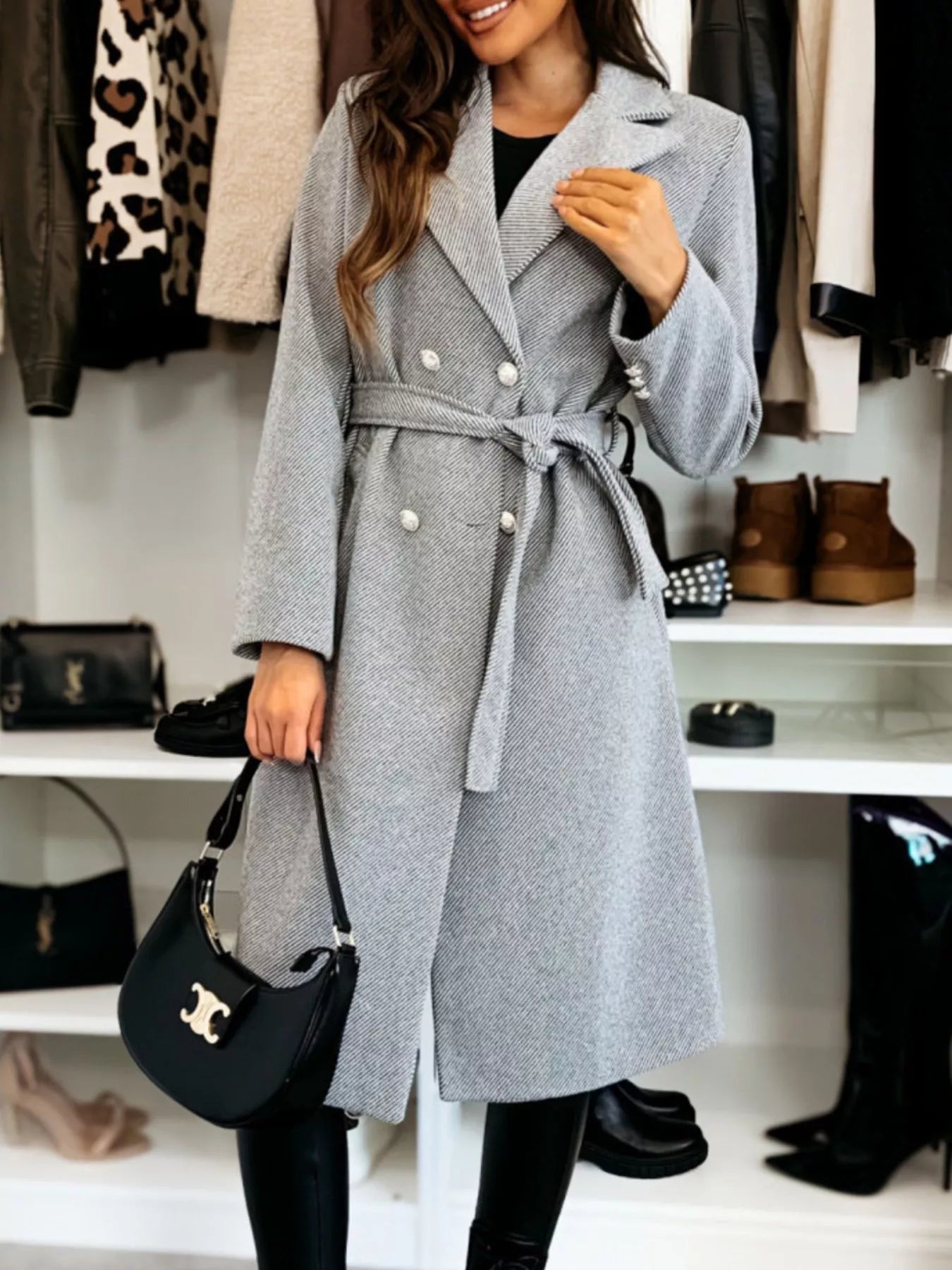 Double-Breasted Tie Waist Overcoat