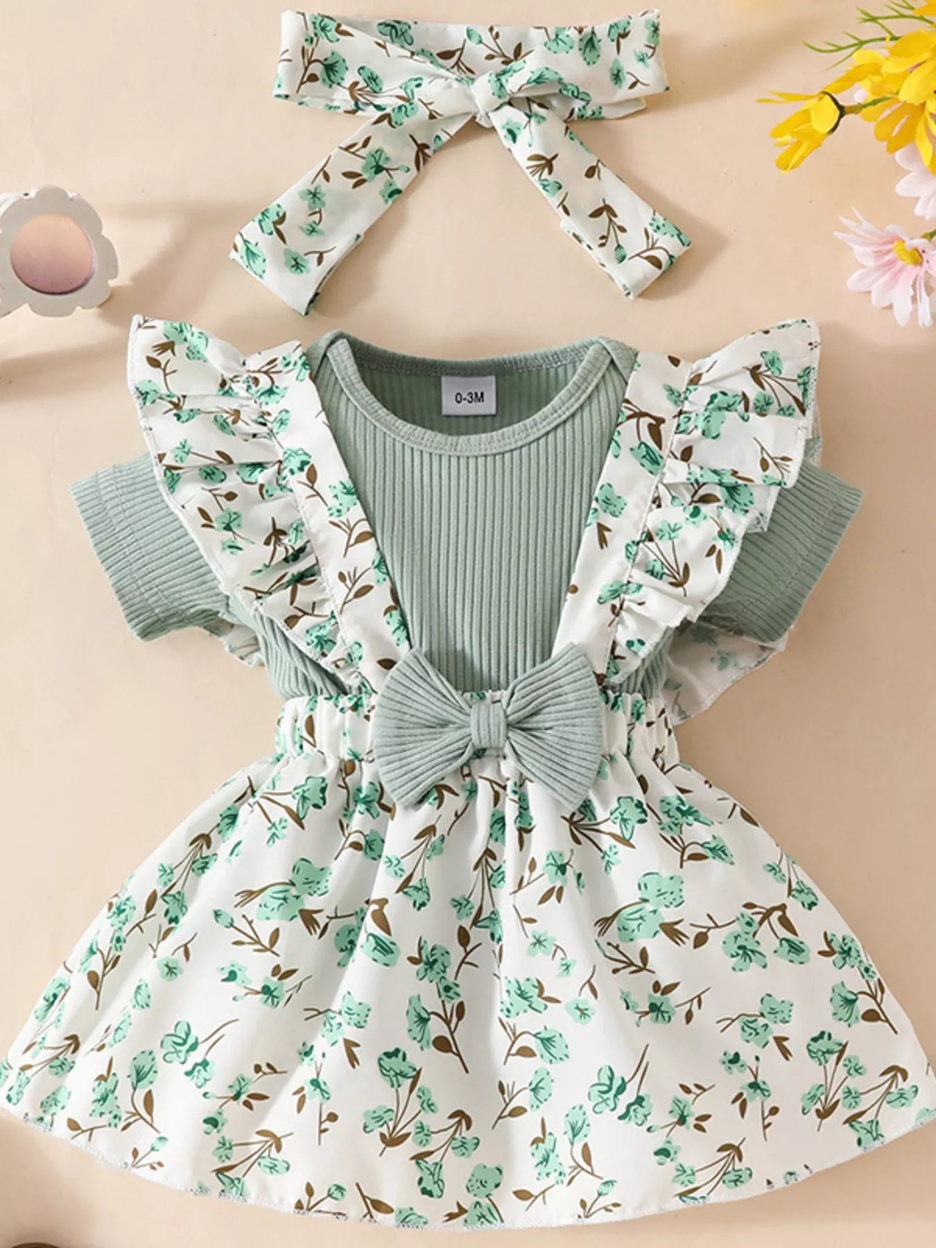 Children's Floral Print Ruffle Trim Baby Set with Headband